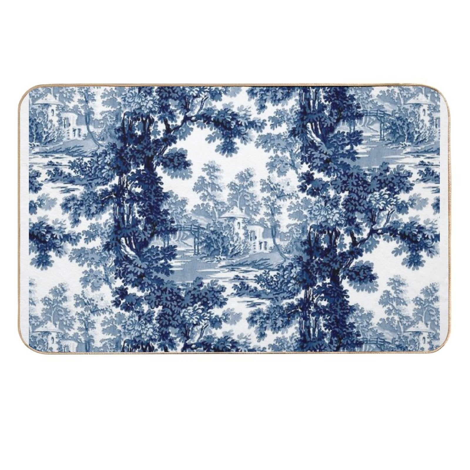 Vintage Landscape Toile-Blue & White  Easy To Clean Bath Mat