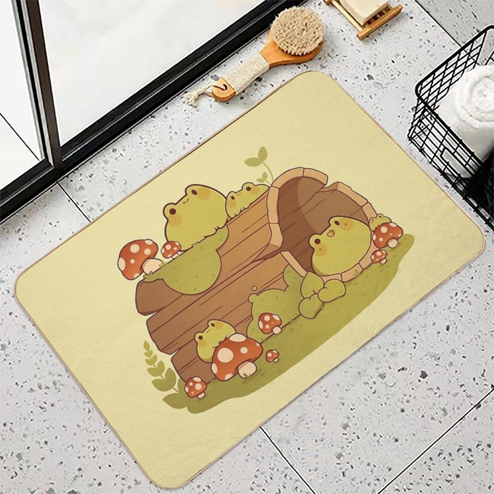 Frogs on A Mossy Log  Easy To Clean Bath Mat