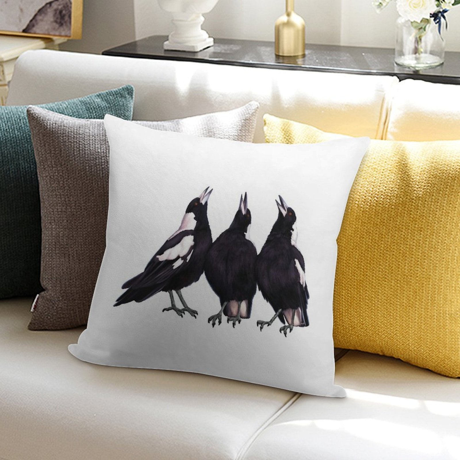 Trio of Warbling Magpies. Australian Theme Decor, Original Artwork. Unique Gift. Soft Luxury Feel Throw Pillow