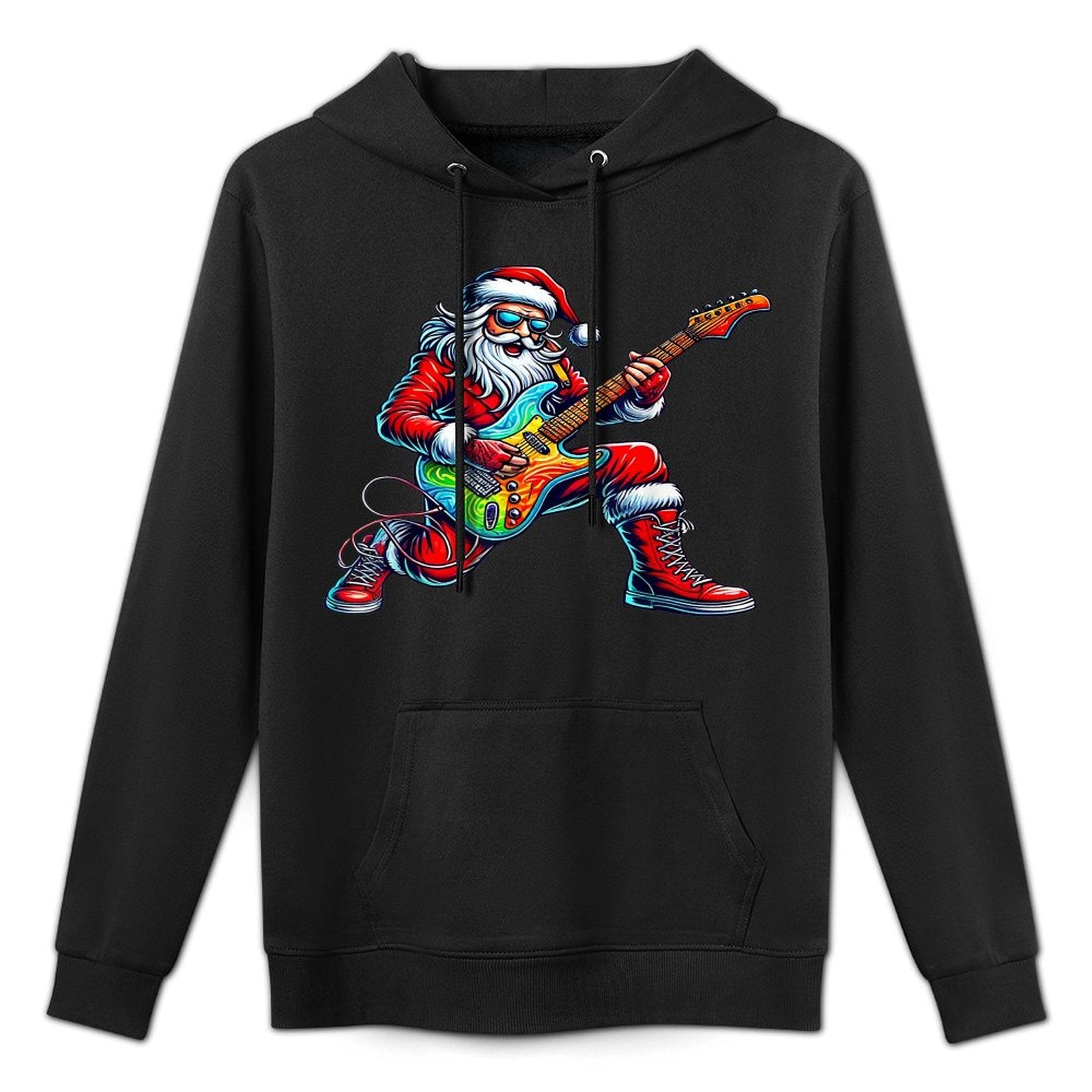 Santa Playing Guitar Musician Guitarist Christmas Pajama Adjustable Hood Hoodie