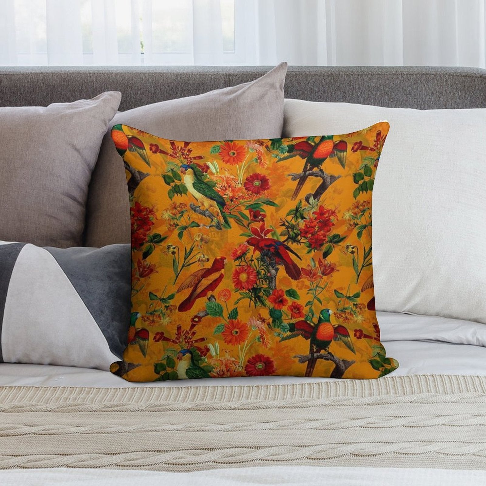 Vintage Tropical Bird Jungle Botanical Garden Orange Nightgarden Soft Warmth Comfort Throw Pillow