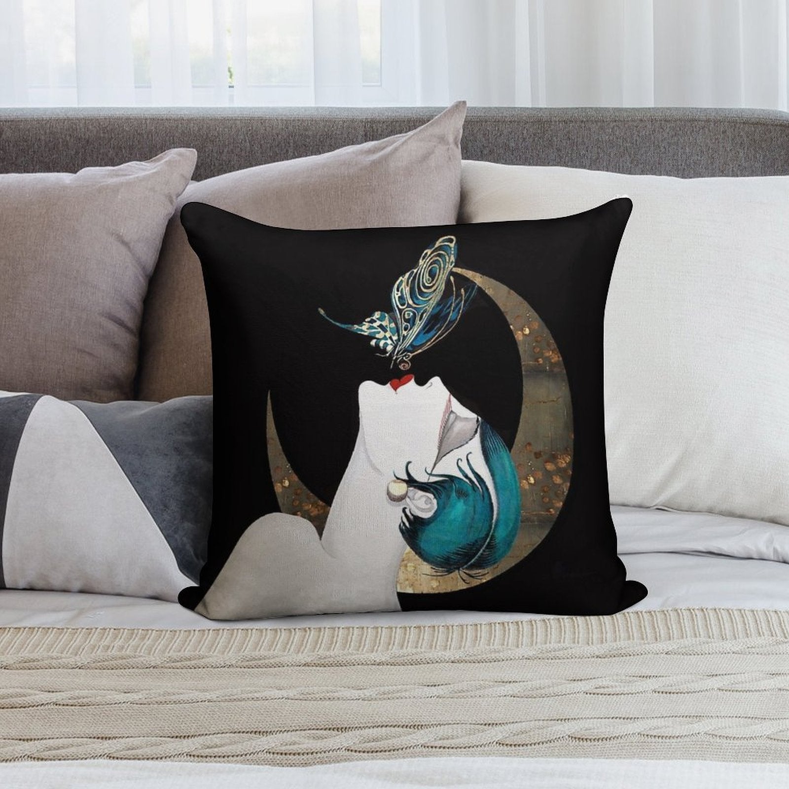 Butterfly Kiss French Art Deco Flapper Woman Remix Soft Shrink-Resistant Throw Pillow