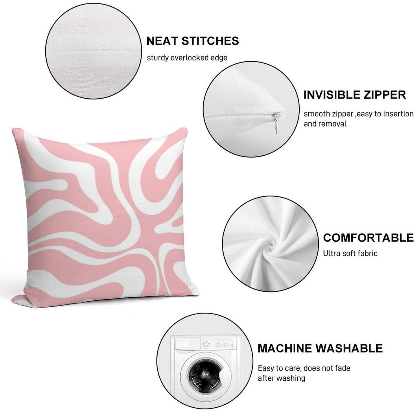 Retro Modern Liquid Swirl Abstract Pattern Square in Blush Pink And White Soft Home Decor Throw Pillow