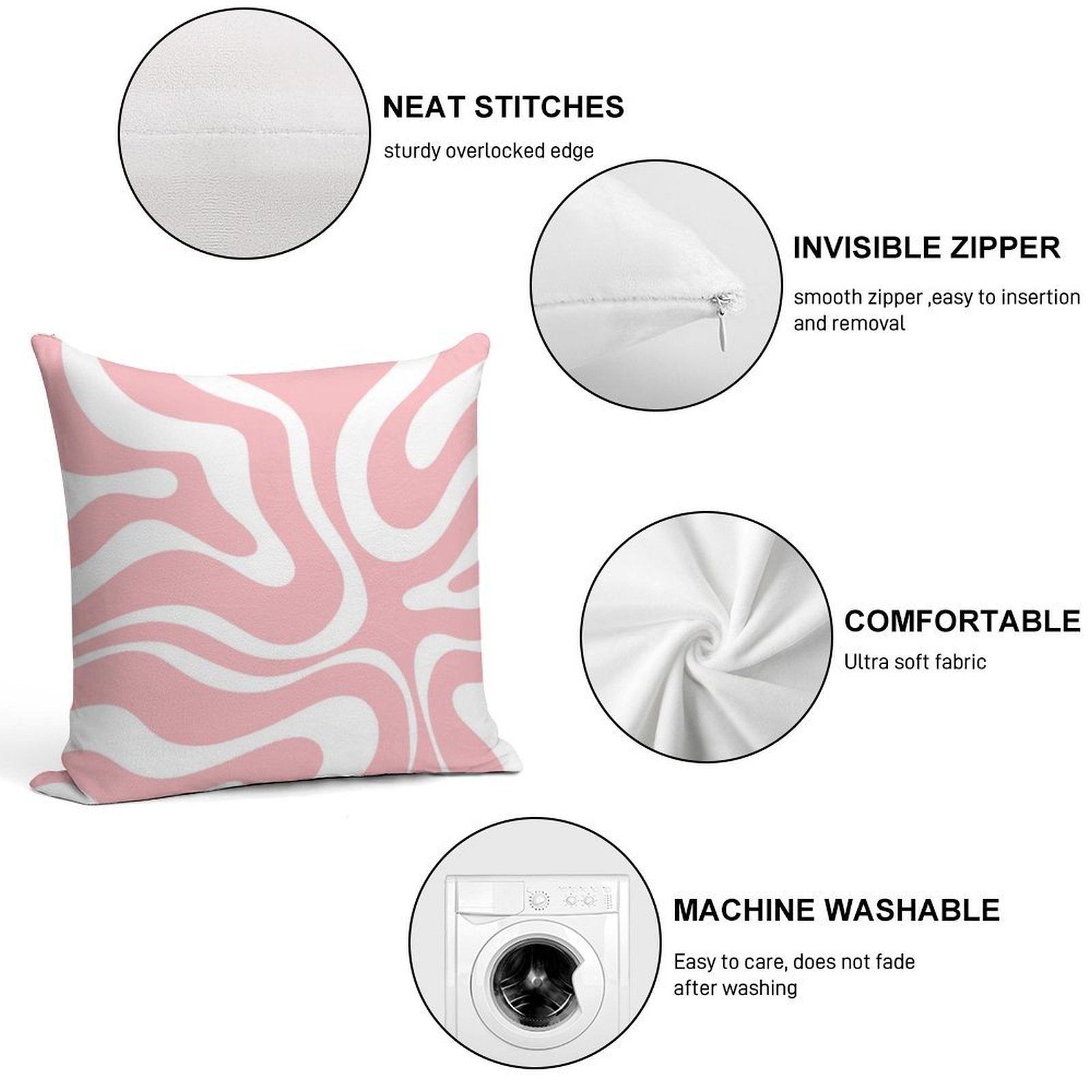 Retro Modern Liquid Swirl Abstract Pattern Square in Blush Pink And White Soft Home Decor Throw Pillow