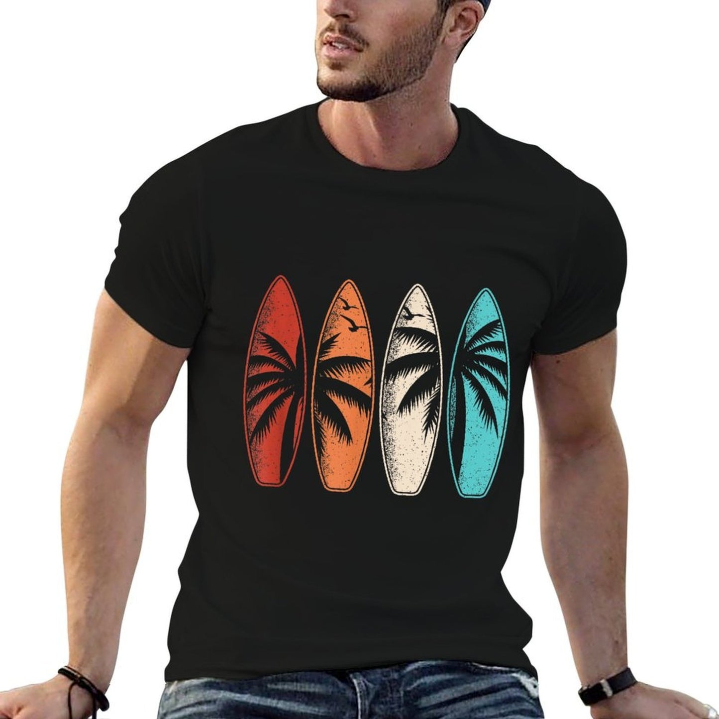 Tropical Hawaii Palm Tree Surfing Beach Surfboard Retro Surf  Soft T-Shirt
