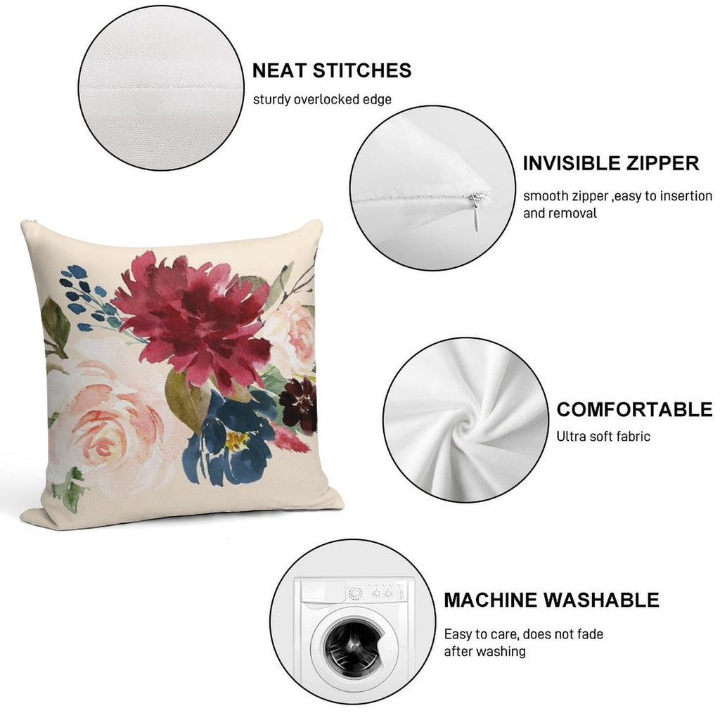 Burgundy Navy Peach Watercolor Flowers Soft Reinforced Edging Throw Pillow