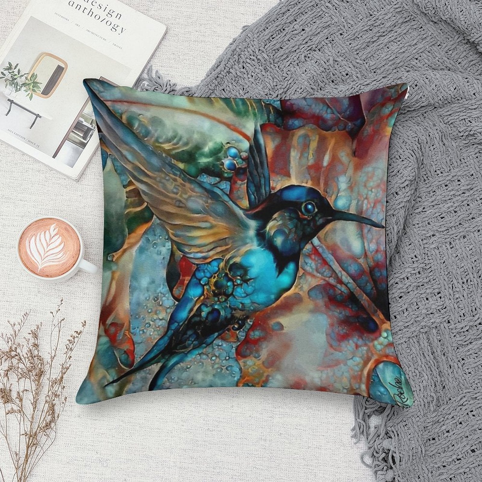 Colibri Des Vignes, Hummingbird, Colibri, Lea Roche Paintings Soft Luxury Feel Throw Pillow