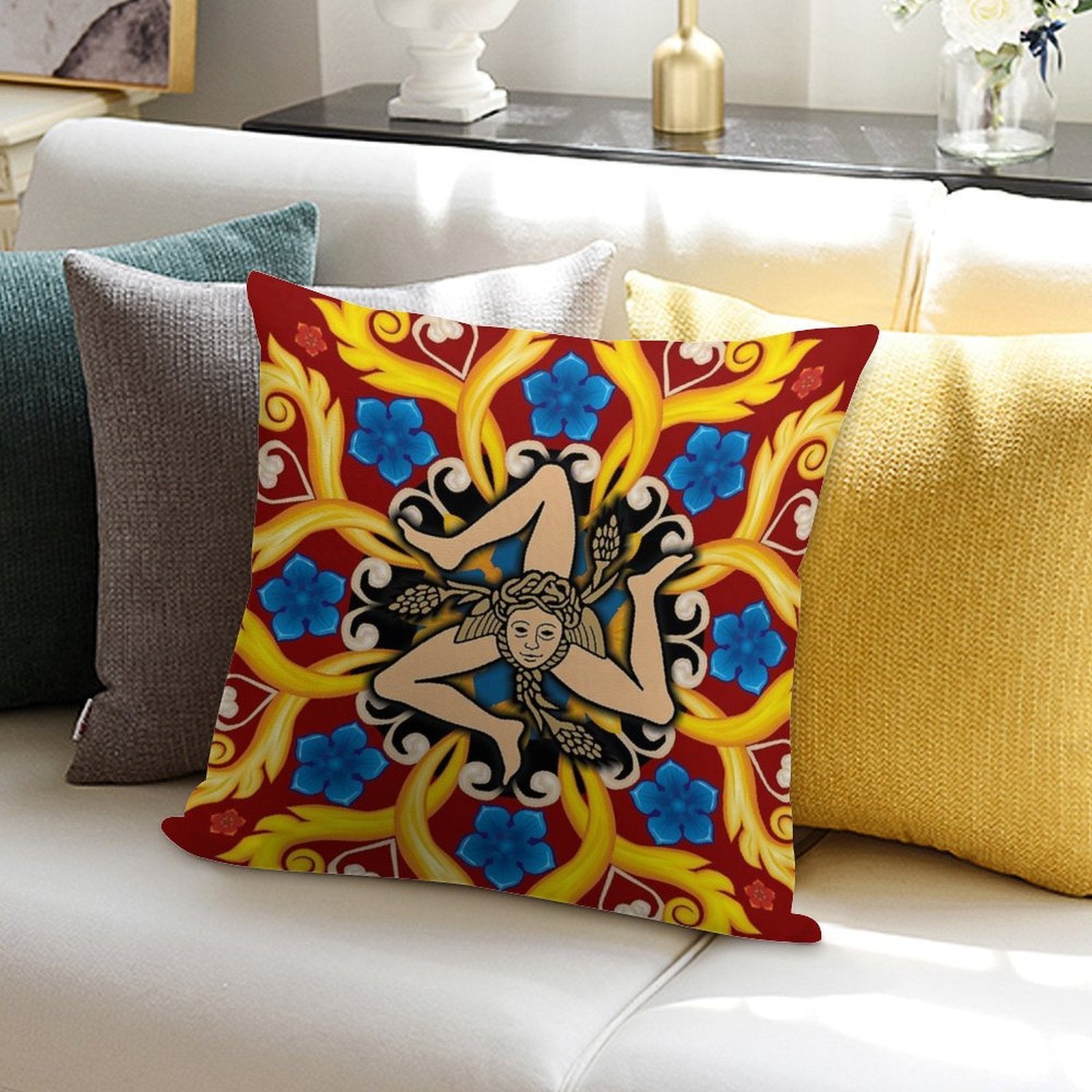 Sicilia Triscele Trinacria Maioliche Soft Fade-Resistant Throw Pillow