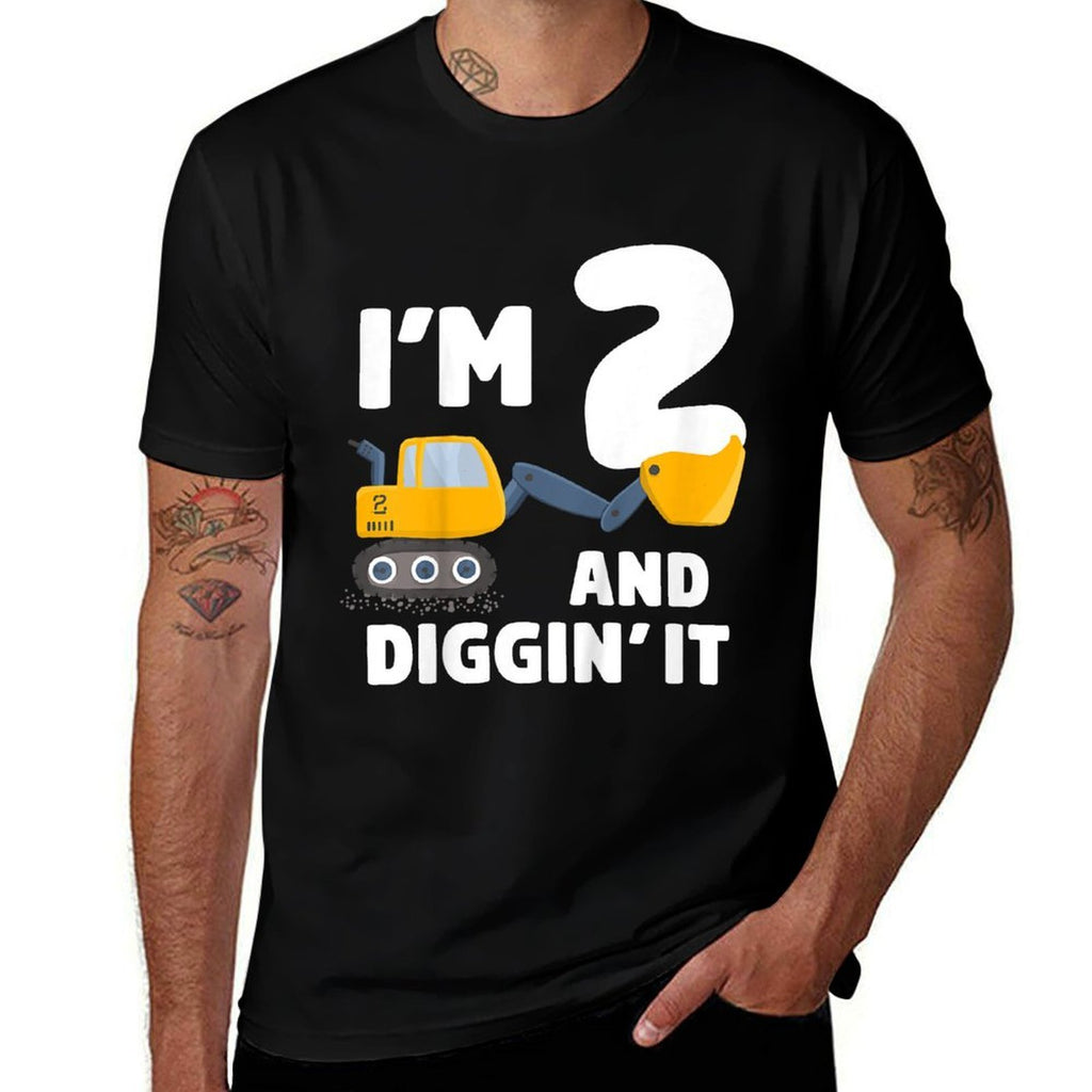 Construction Truck 2nd Birthday Boy 2 Two Year Old Excavator  Ribbed Collar T-Shirt
