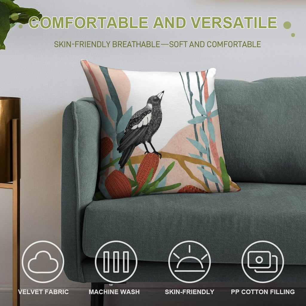 Australian Magpie Amongst Banksia Flowers Soft Durable Construction Throw Pillow