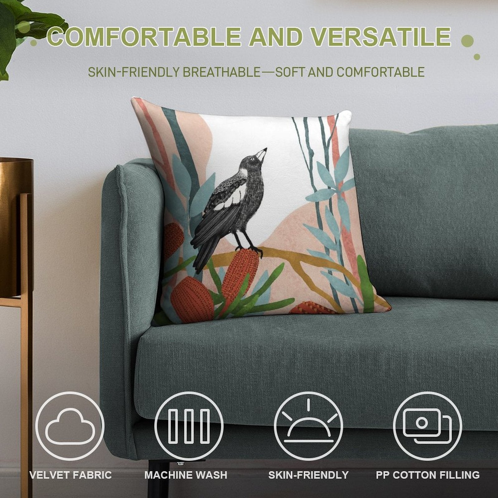 Australian Magpie Amongst Banksia Flowers Soft Durable Construction Throw Pillow