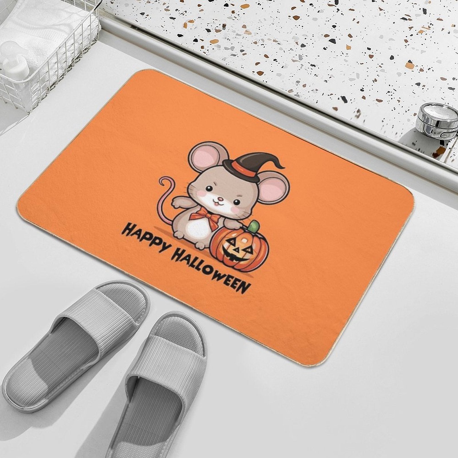 The Halloween Mouse And A Carved Pumpkin, Cute And Funny Cartoon Image  Fade-Resistant Bath Mat