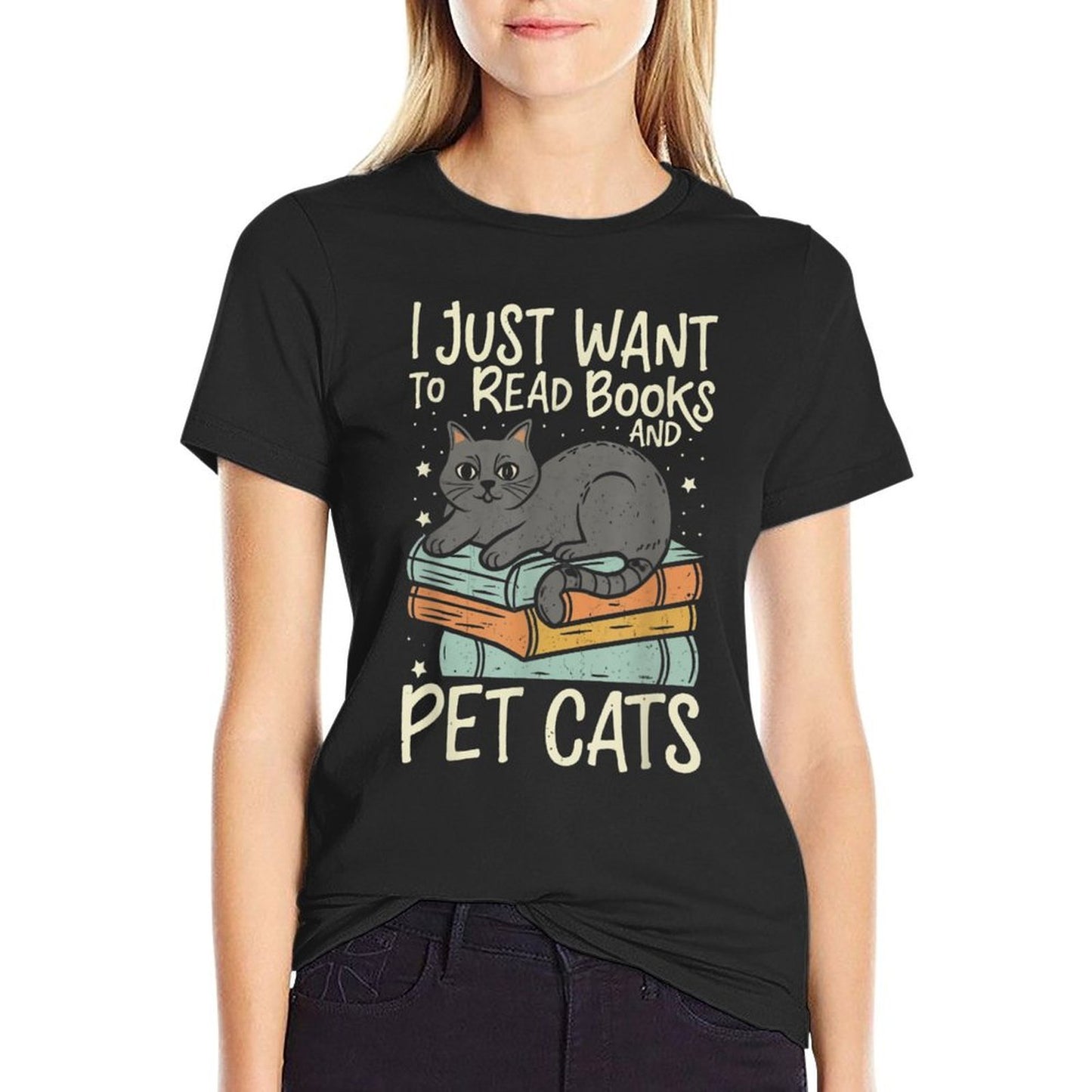 Retro I Just Want To Read Books And Pet Cats Cat  Wrinkle-resistant T-Shirt
