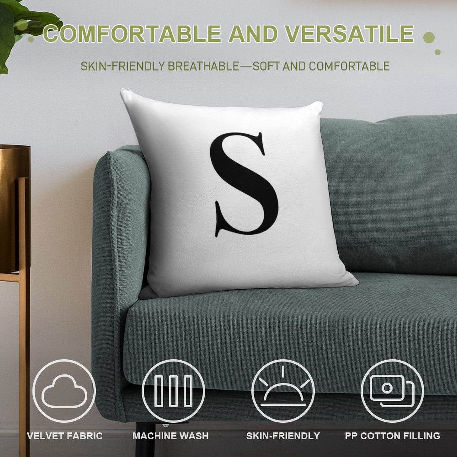 Letter S- Monogram Initial Soft Durable Construction Throw Pillow