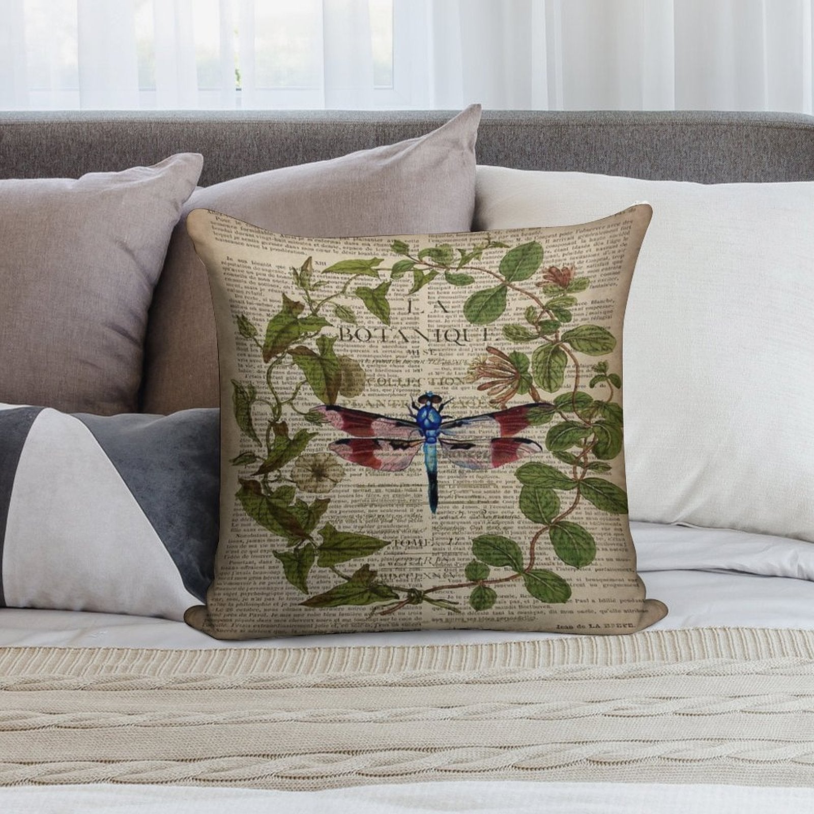 1980s Dark Academia Leaves Botanical Art Vintage French Dragonfly Soft Decorative Cover Throw Pillow
