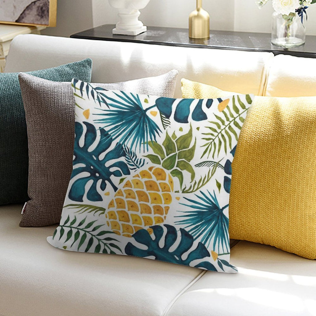 Golden Pineapple on Palm Leaves Foliage Soft Washable Throw Pillow