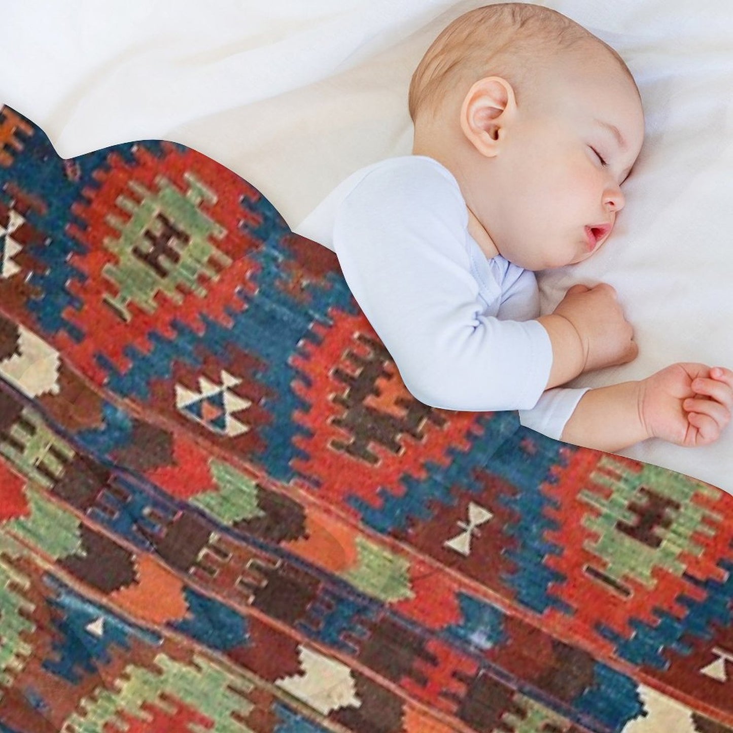 Tuscan Shapes III  19th Century Southwestern Colorful Red Blue Orange Green Brown Ornate Rug Pattern Comfort Throw Blanket