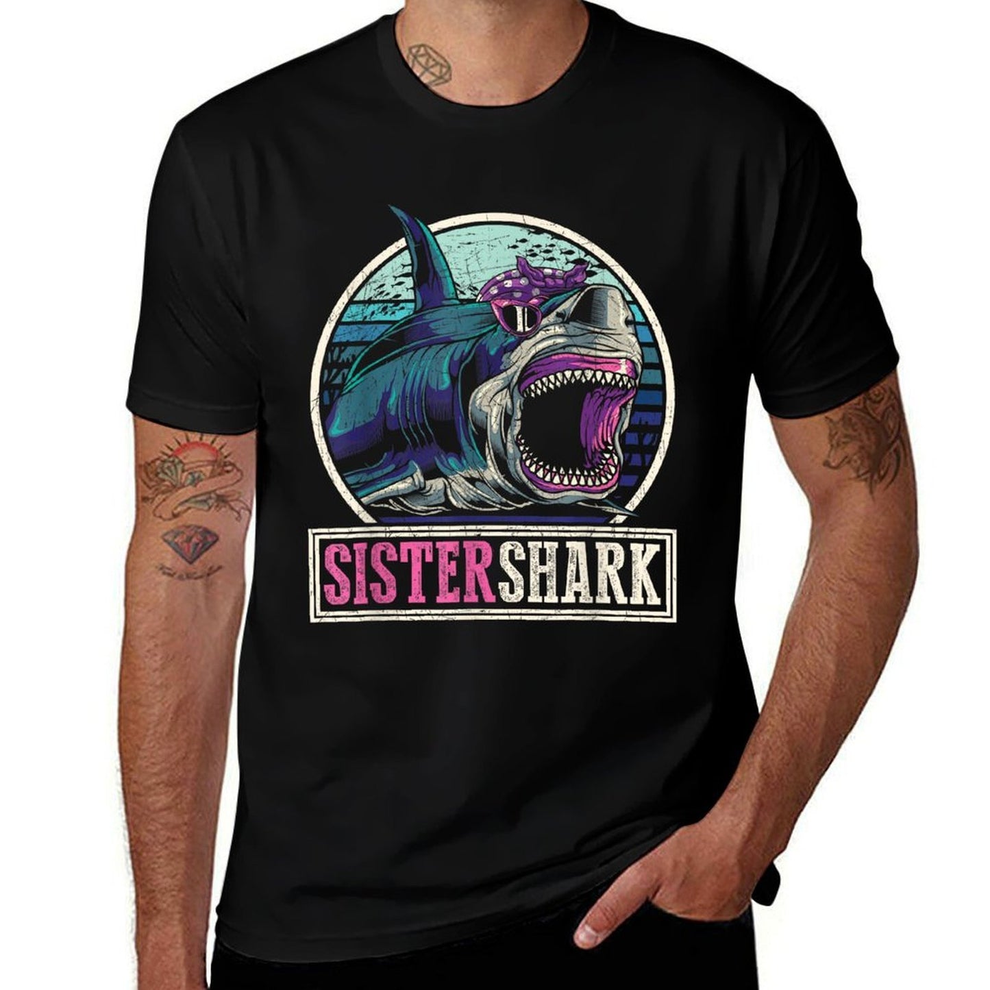 Retro Ocean Animal Family Girls Gift Predator Sister Shark  Wrinkle-resistant T-Shirt