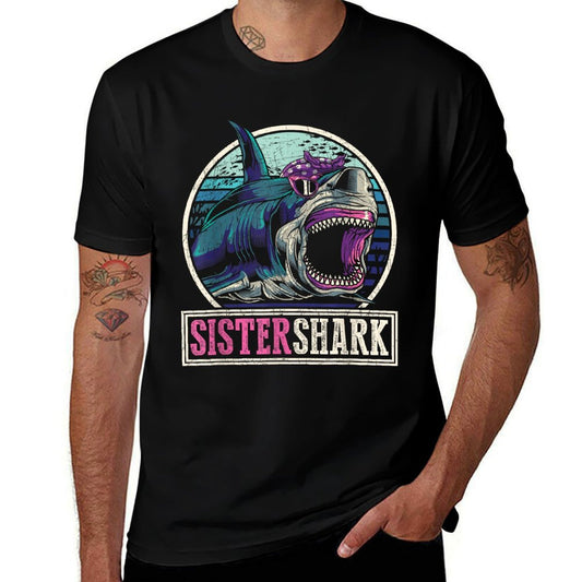Retro Ocean Animal Family Girls Gift Predator Sister Shark  Wrinkle-resistant T-Shirt