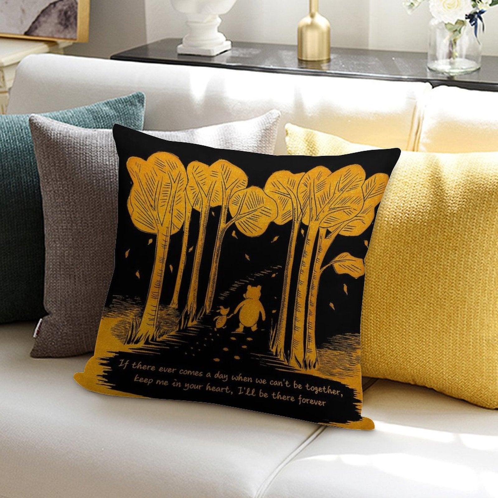 If There Ever Comes A Day When We Can't Be Together Winnie The Pooh And Piglet Linocut Black And Gold Soft Reinforced Edging Throw Pillow