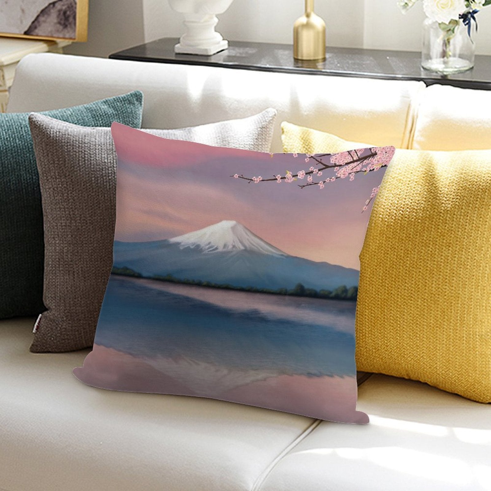 Mt Fuji with Cherry Blossoms Soft Decorative Cover Throw Pillow