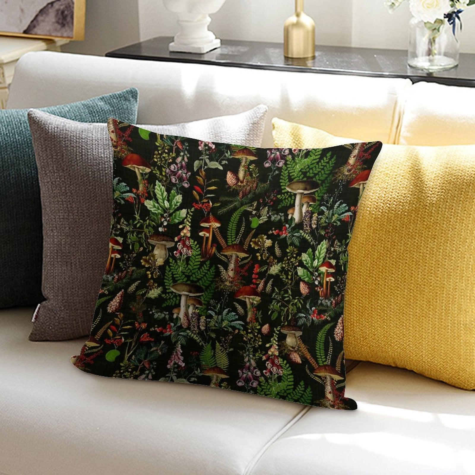 Vintage Mushrooms Forest Botanical Pattern - Black Botanical Night Garden Nightgarden Soft Anti-Pilling Throw Pillow