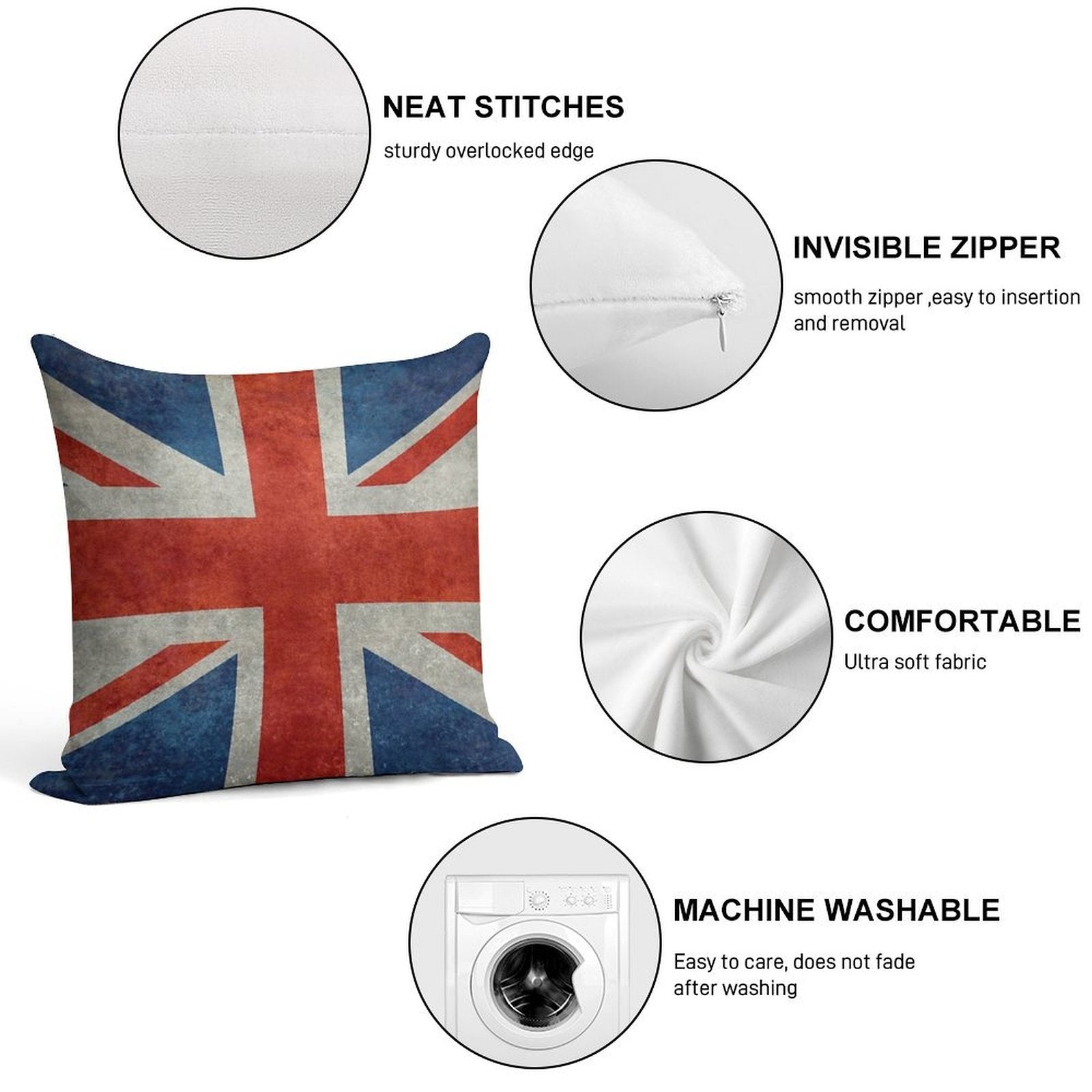 British Union Jack Flag Grungy Vintage Version Soft Anti-Pilling Throw Pillow