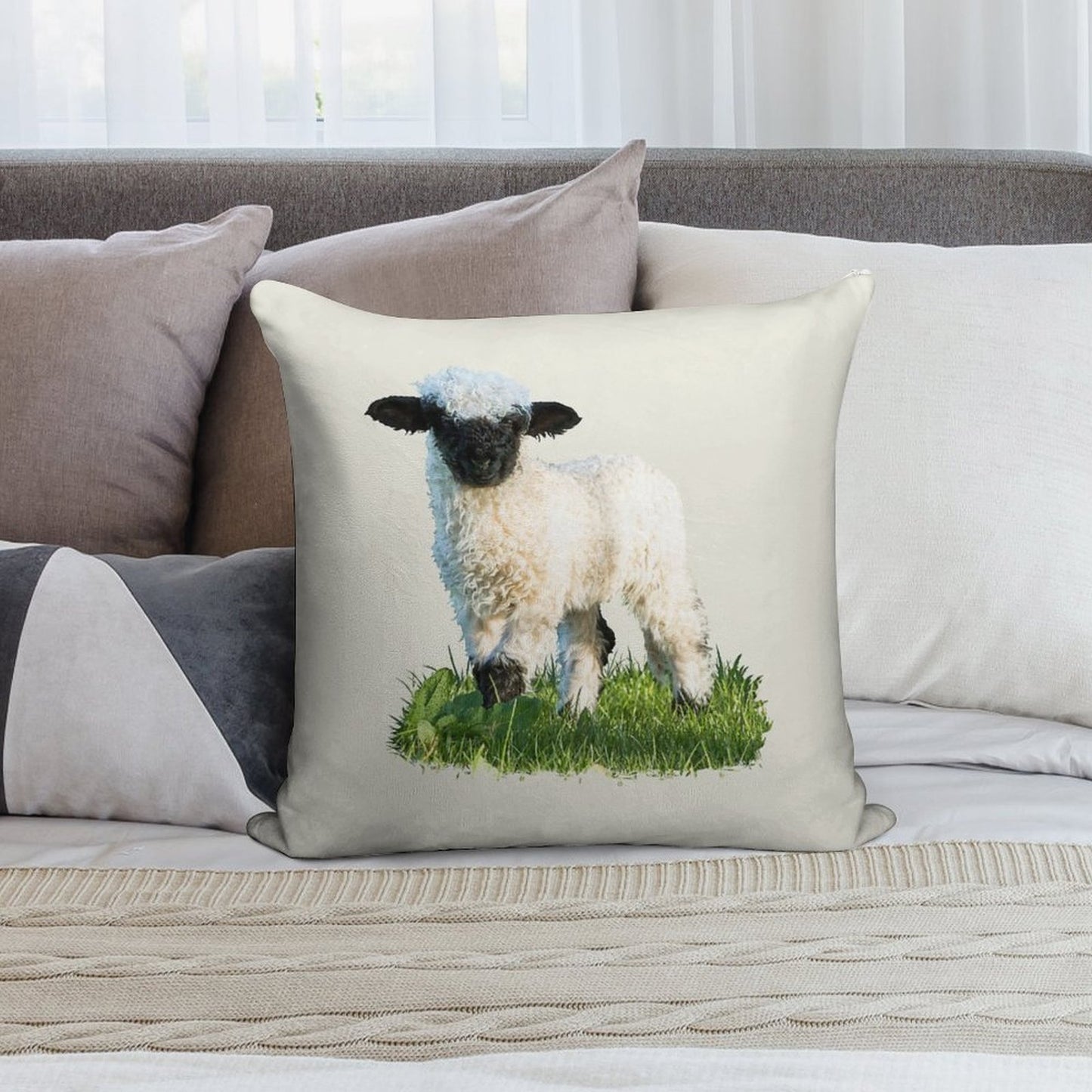 Valais Blacknose Lamb in A Meadow Placement Print Soft Reinforced Edging Throw Pillow