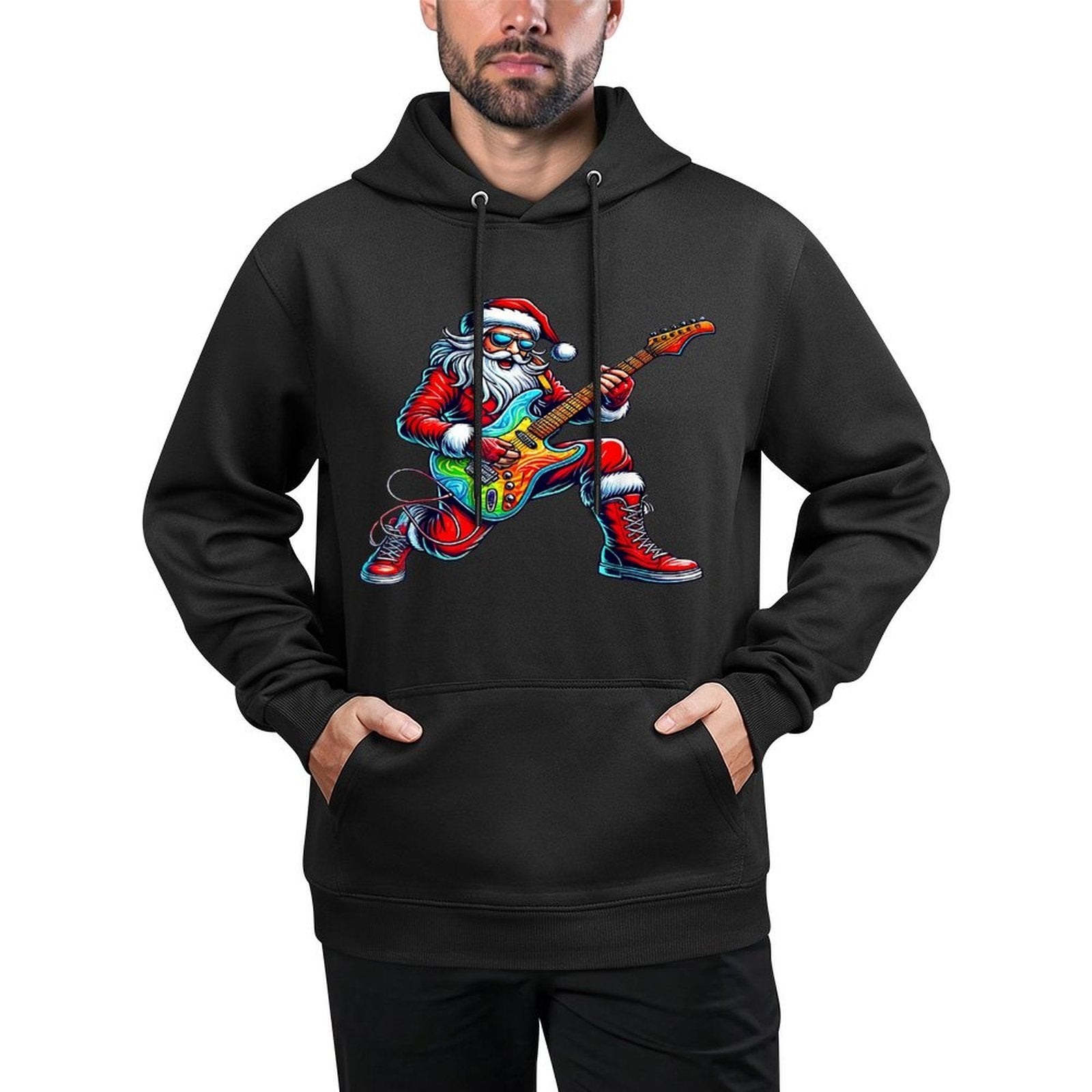 Santa Playing Guitar Musician Guitarist Christmas Pajama Adjustable Hood Hoodie