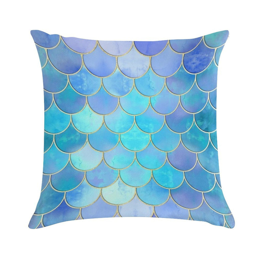 Aqua Pearlescent & Gold Mermaid Scale Pattern Soft Anti-Pilling Throw Pillow