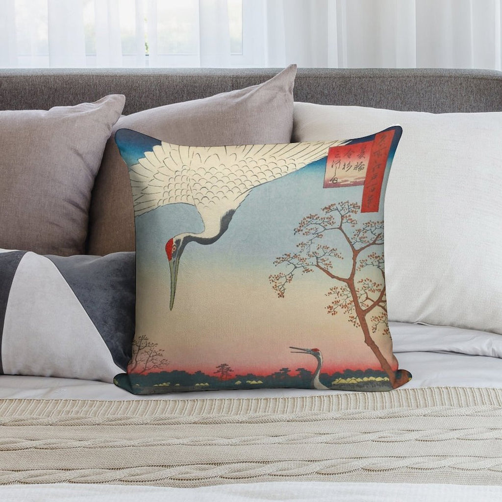 Red-crowned Crane Vintage Ukiyo-e Japanese Art Soft Short Plush Fabric Throw Pillow