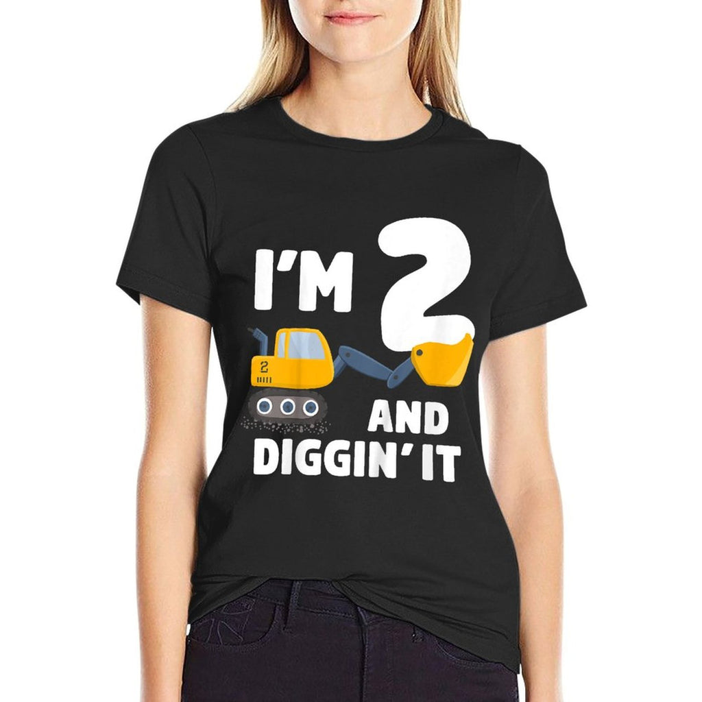Construction Truck 2nd Birthday Boy 2 Two Year Old Excavator  Ribbed Collar T-Shirt