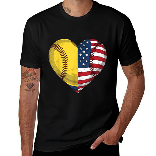 Softball Heart American 4th Of July for Womenn Girl  Summer-ready Fabric T-Shirt