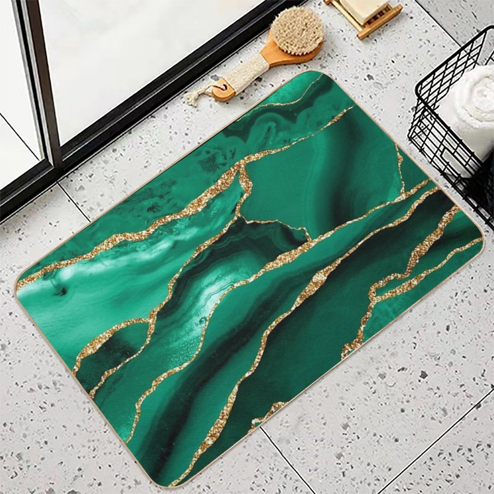 Emerald Green Malachite Faux Marble With Gold Glitter  Easy To Clean Bath Mat