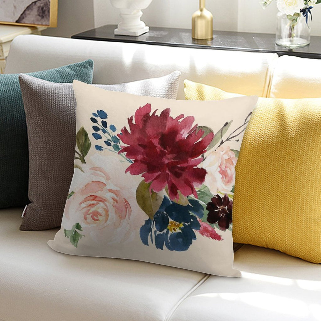 Burgundy Navy Peach Watercolor Flowers Soft Reinforced Edging Throw Pillow