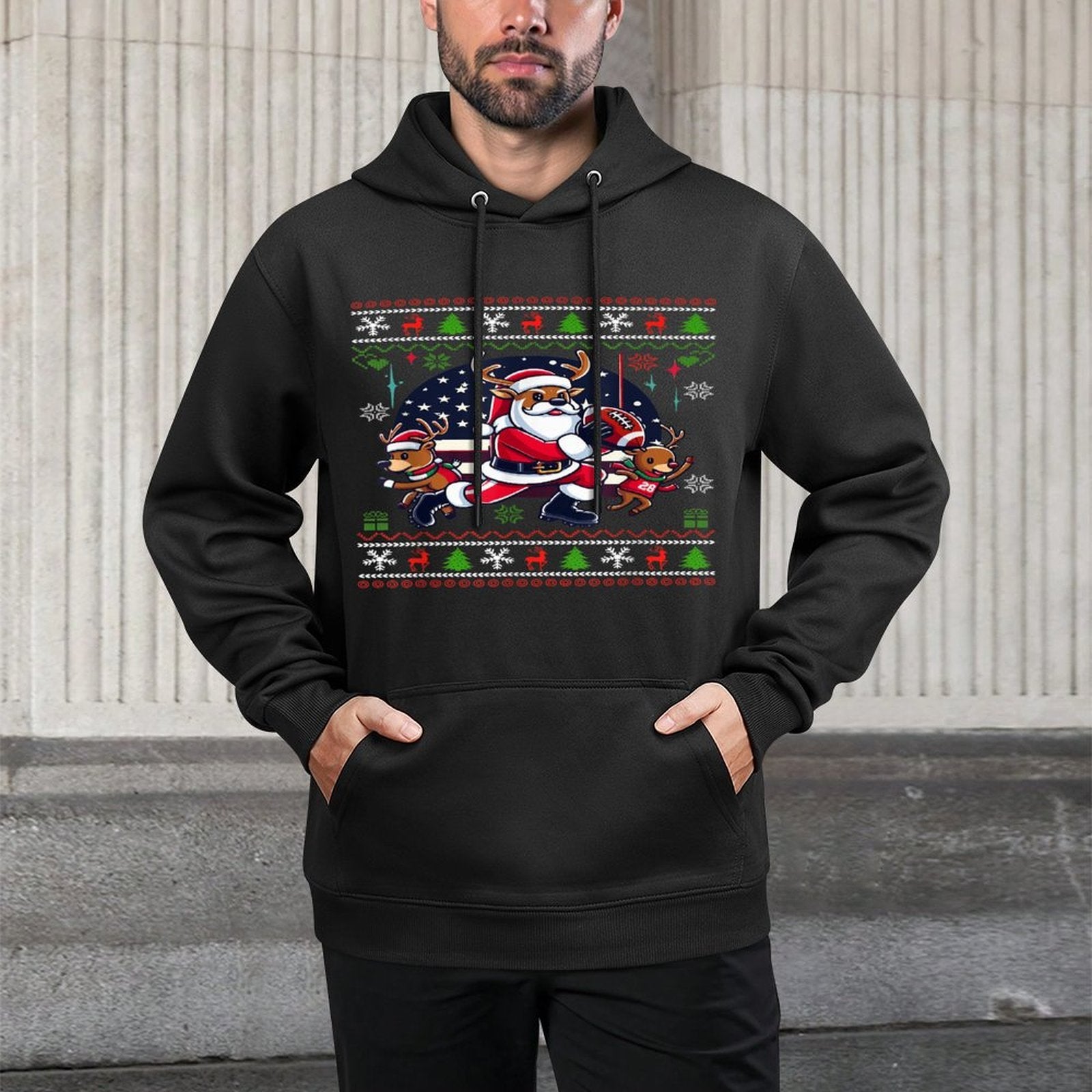 Santa Reindeer Play American Football Ugly Christmas Sweater Easy Care Hoodie