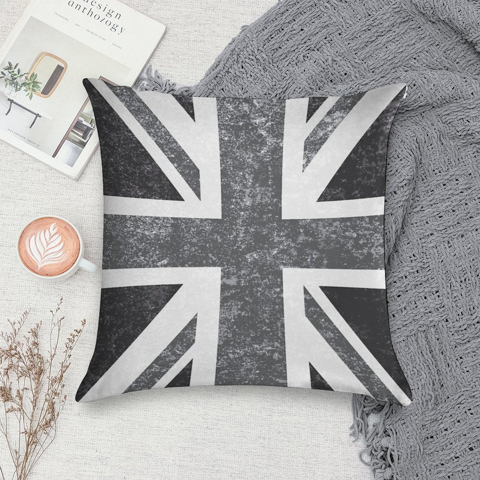 Union Jack Vintage Grayscale - United Kingdom Flag Soft Short Plush Fabric Throw Pillow