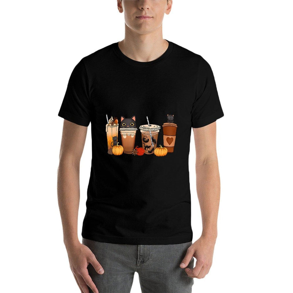 Black Cat Halloween Iced Coffee Cups Fall Pumpkin Kitten  Oversized Silhouette T-Shirt