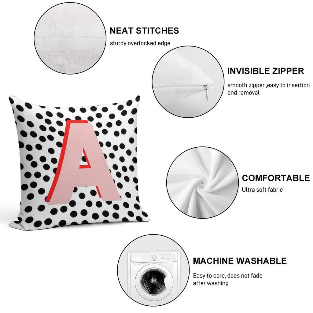 Black & White Dalmatian Print Spots With Pink Letter A Soft Durable Construction Throw Pillow