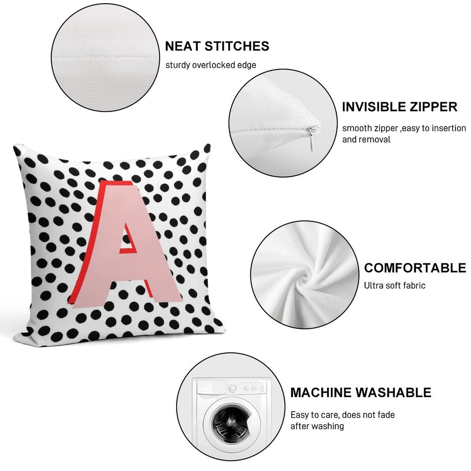 Black & White Dalmatian Print Spots With Pink Letter A Soft Durable Construction Throw Pillow