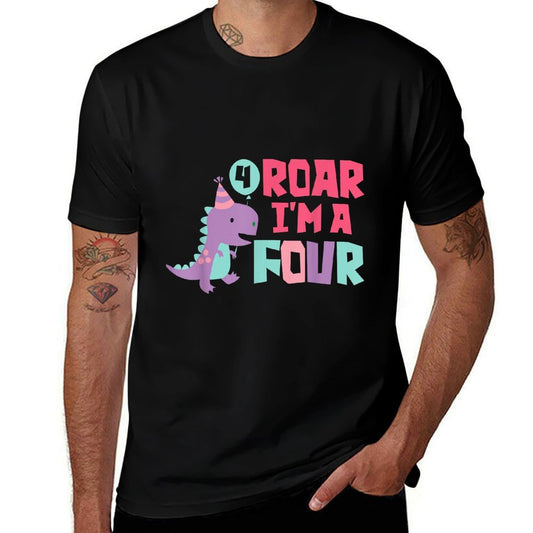 Roar I'm A Four 4th Birthday For Girl Saurus Rex Dinosaur  Ribbed Collar T-Shirt