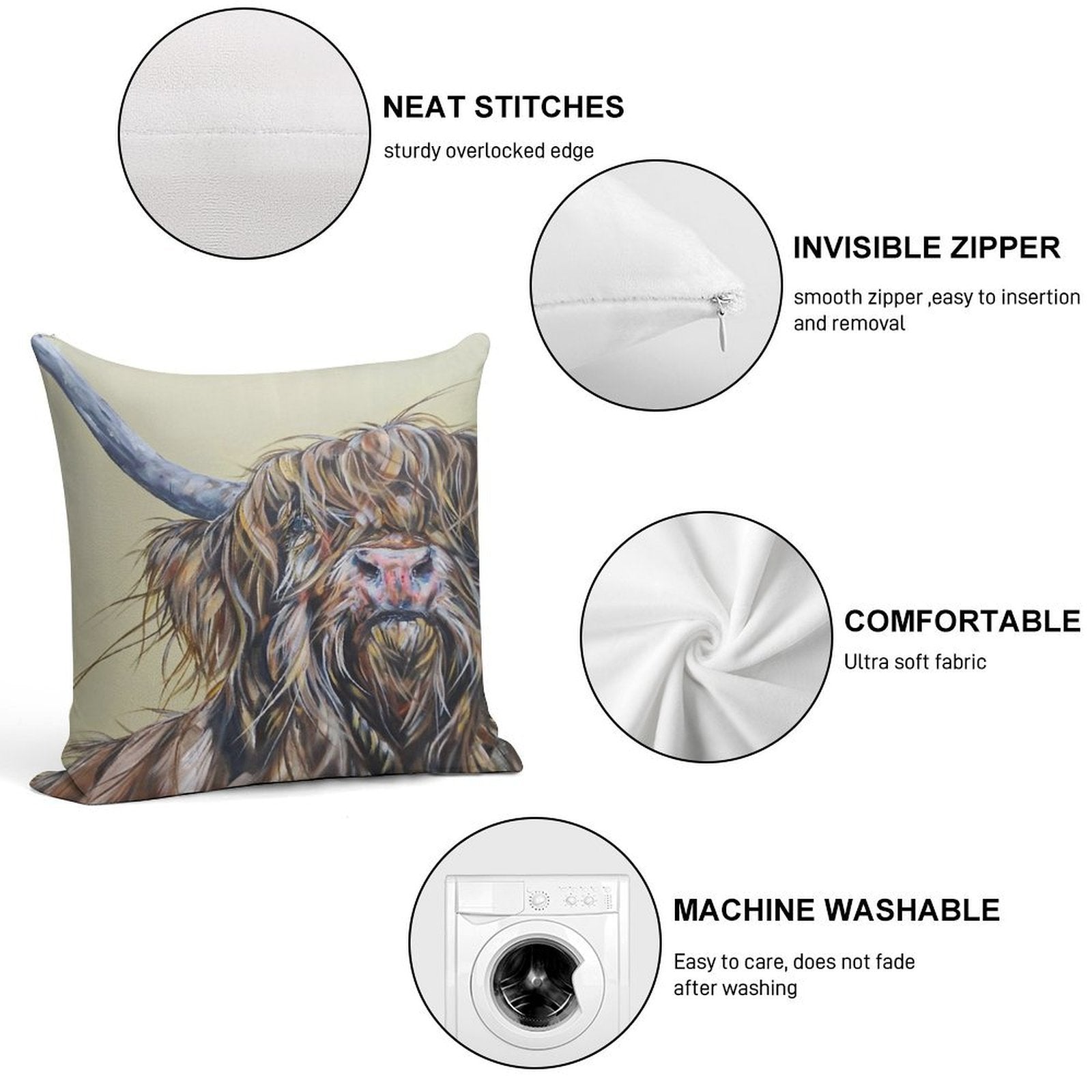 Wally McWindy. Highland Hairy Cow, Heilan Scottish Funny Coo Art by Award-winning UK Artist Sam Fenner Soft Warmth Comfort Throw Pillow