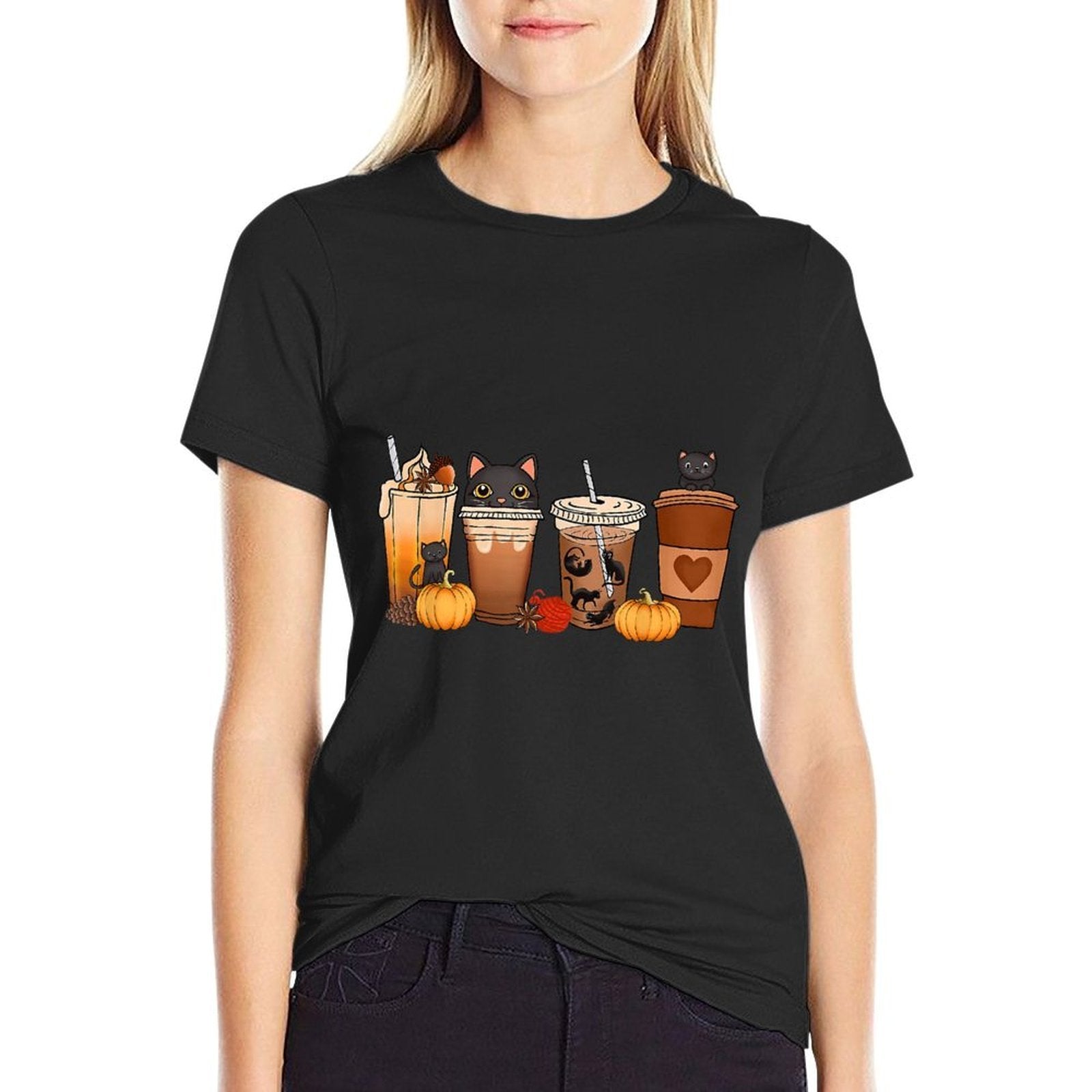 Black Cat Halloween Iced Coffee Cups Fall Pumpkin Kitten  Oversized Silhouette T-Shirt