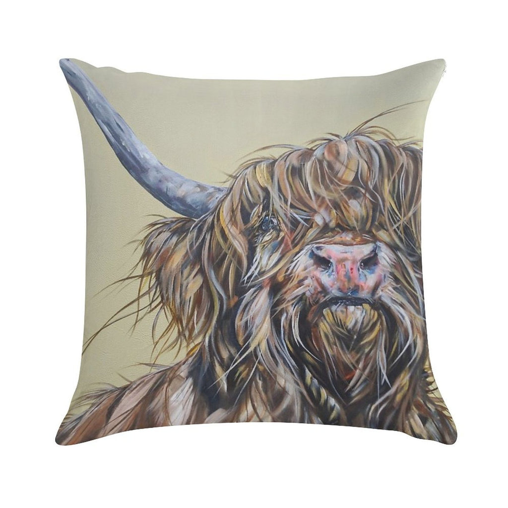 Wally McWindy. Highland Hairy Cow, Heilan Scottish Funny Coo Art by Award-winning UK Artist Sam Fenner Soft Warmth Comfort Throw Pillow