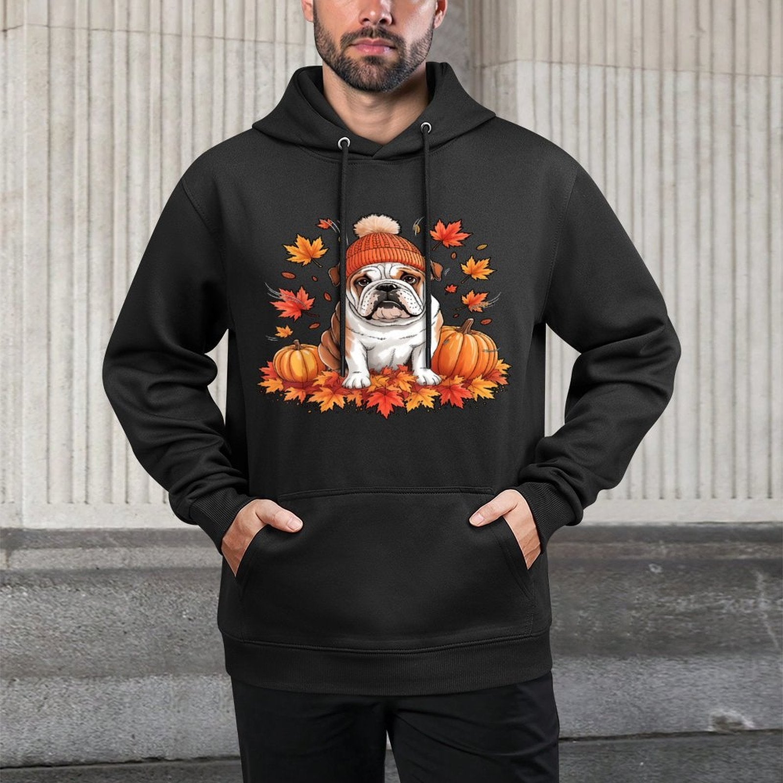 Funny English Bulldog Fall Scarf Autumn Leaves Dog Lovers Adjustable Hood Hoodie