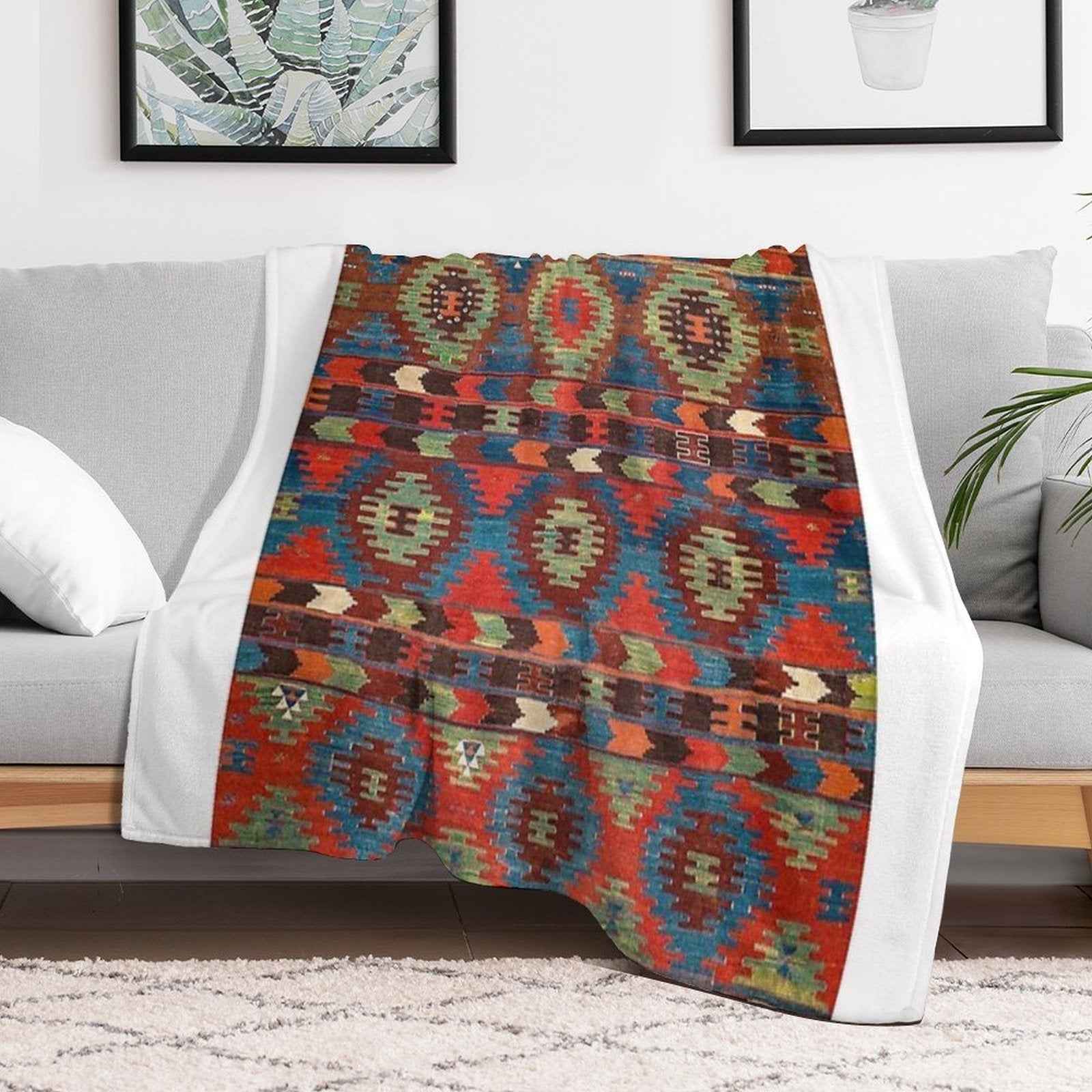 Tuscan Shapes III  19th Century Southwestern Colorful Red Blue Orange Green Brown Ornate Rug Pattern Comfort Throw Blanket