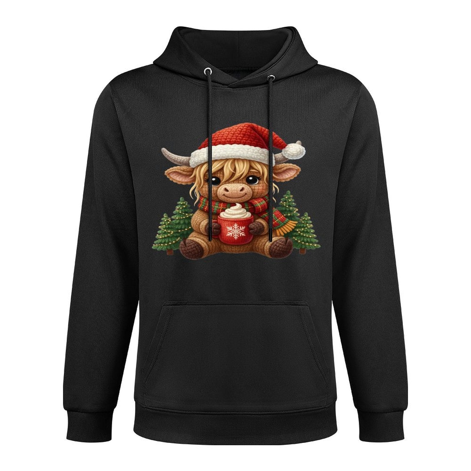 Crochet Yarn Cute Christmas Highland Cow Santa Hat Farm Sweatshirt Kangaroo Pocket Hoodie