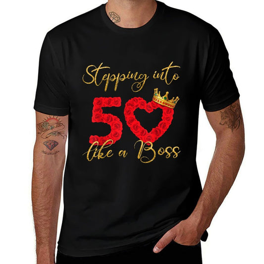 Stepping Into 50 Like A Boss Flower Heart 50th Birthday  Oversized Silhouette T-Shirt
