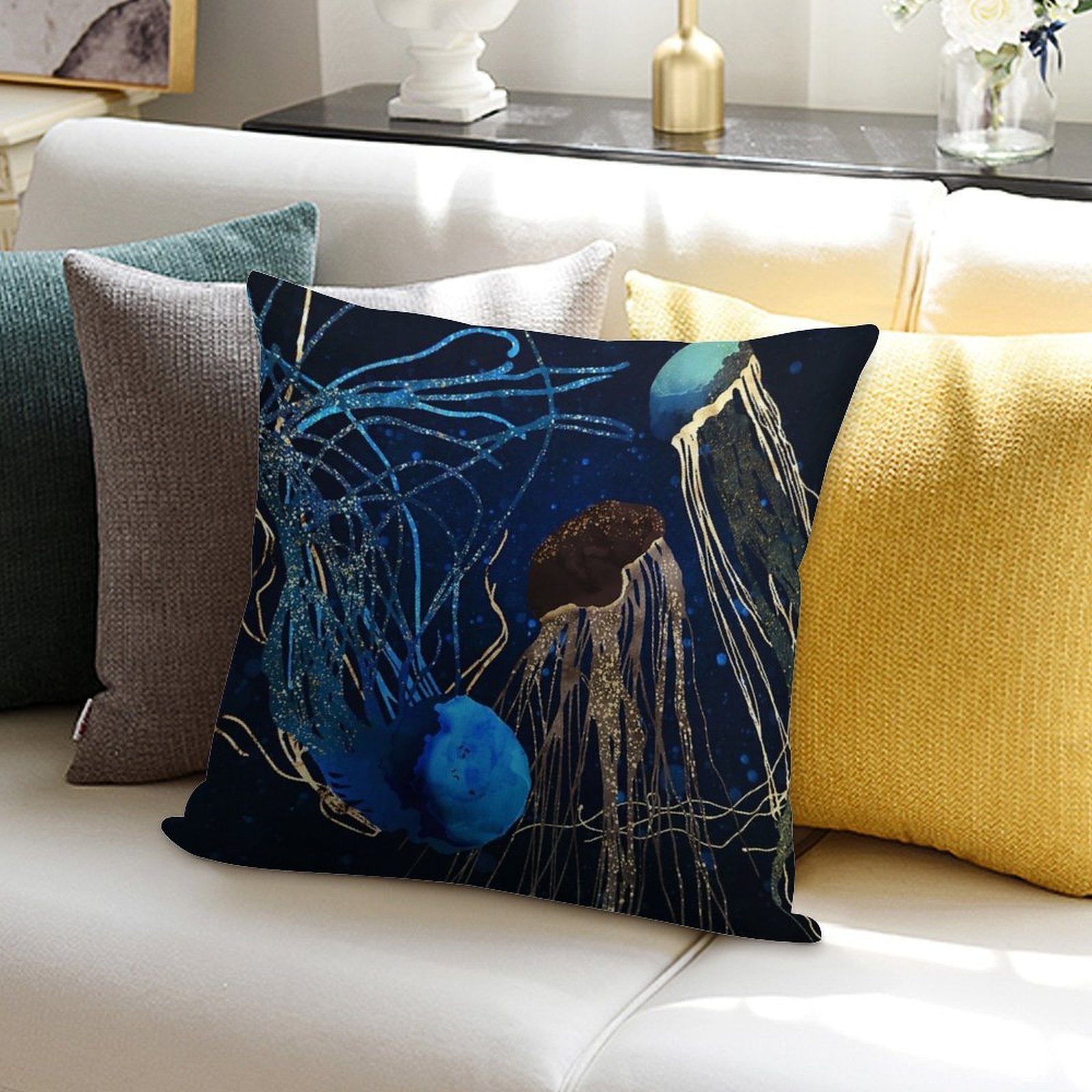 Metallic Jellyfish IV Soft Short Plush Fabric Throw Pillow