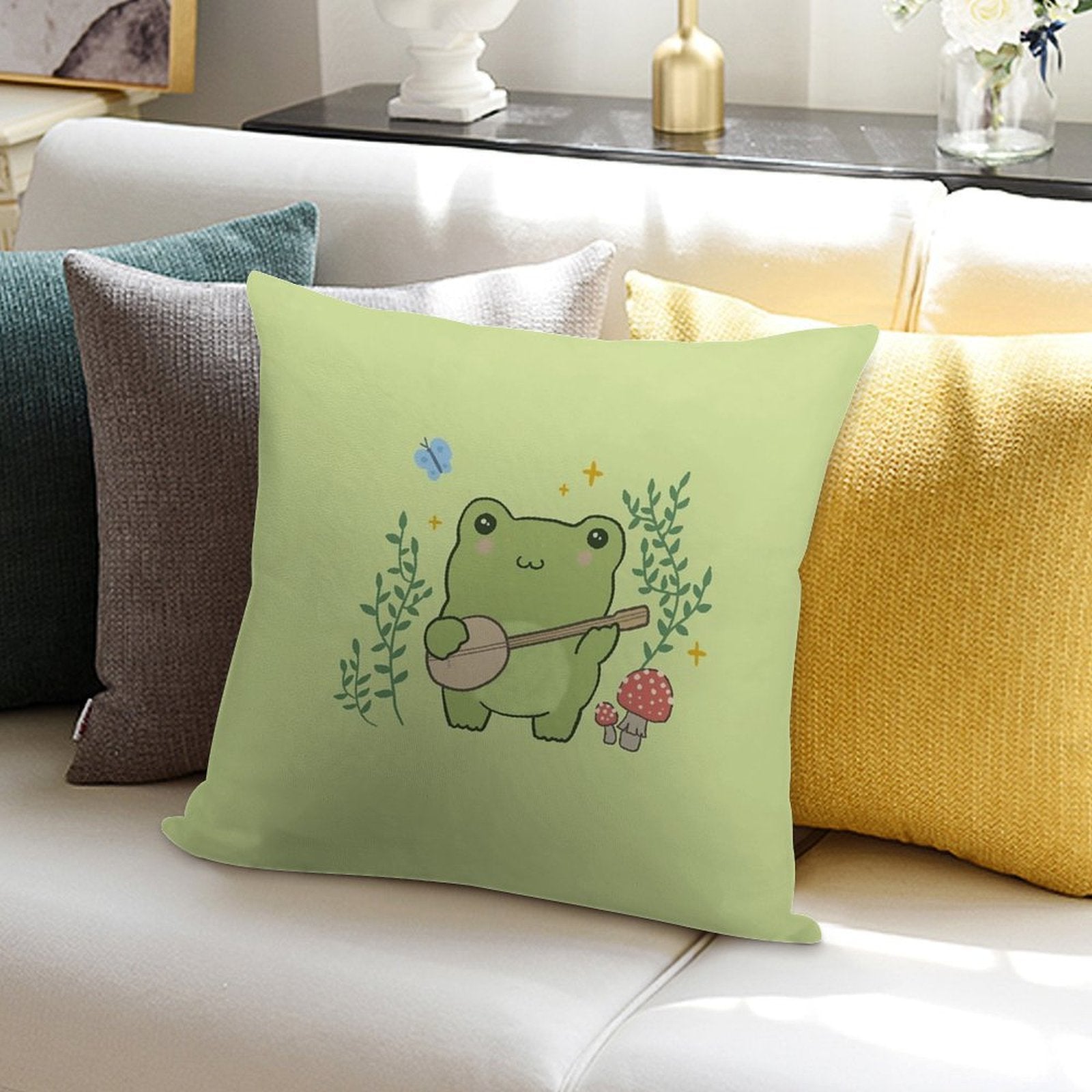 Kawaii Frog Playing Banjo Toad Cottagecore Aesthetic Mushroom And Blue Butterfly Soft Fade-Resistant Throw Pillow